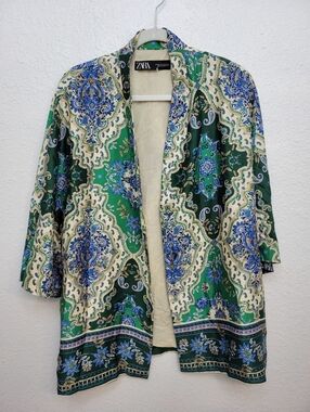 Zara Kimono Wrap Jacket Size M Floral Tapestry Print Blue Green